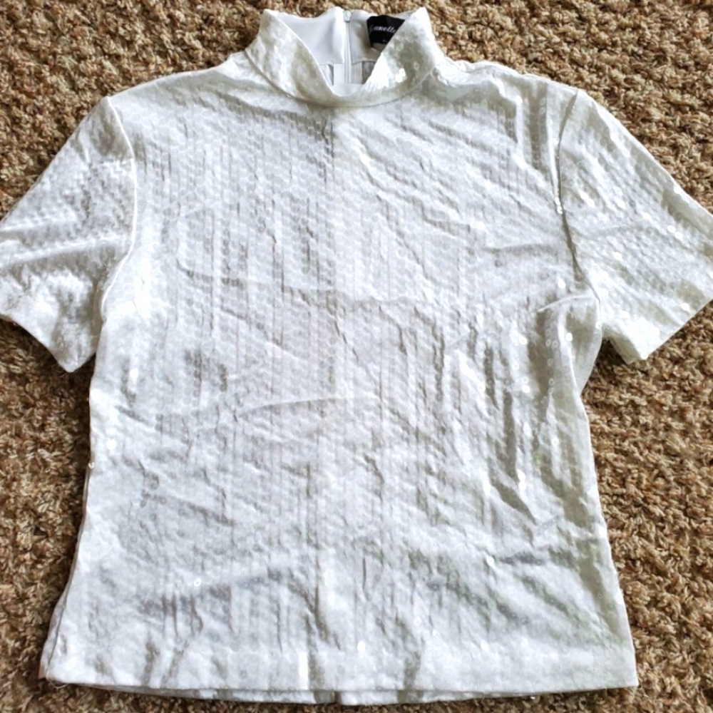 Large jeanette kastenberg short sleeve sequin blouse top mock neck‎ white formal